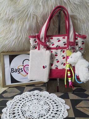 Madden Girl Mini Canvas Tote Cherry Viral Bear Beaded Charm Chain Crossbody NWT